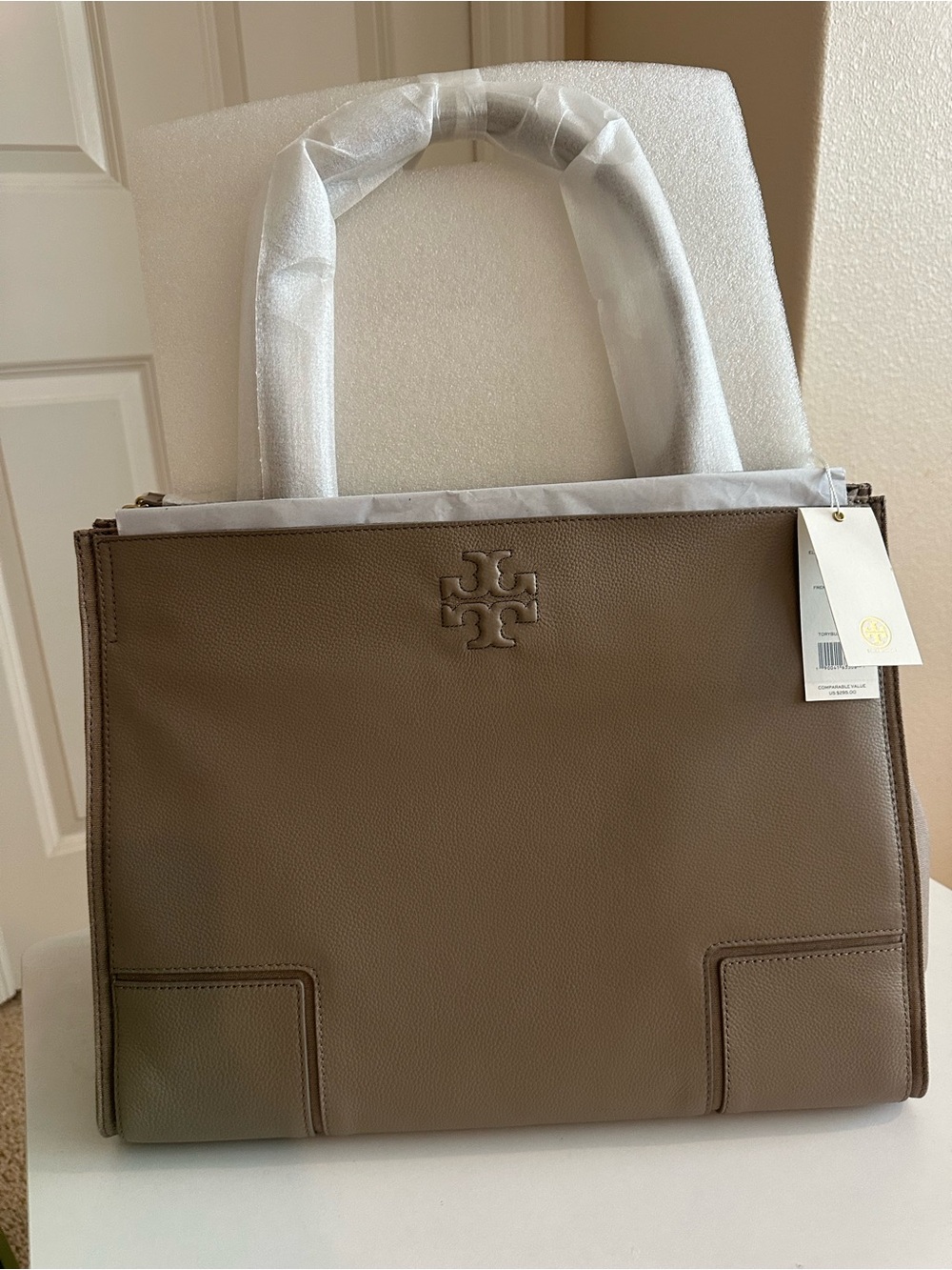 Tory Burch Taupe/Beige Leather Double-Handle Tote